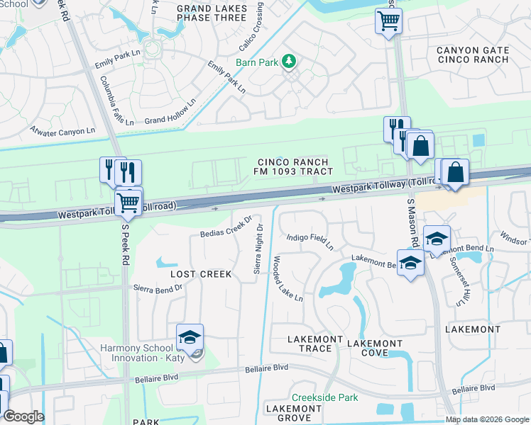 map of restaurants, bars, coffee shops, grocery stores, and more near 21230 Lilac Meadows Lane in Richmond