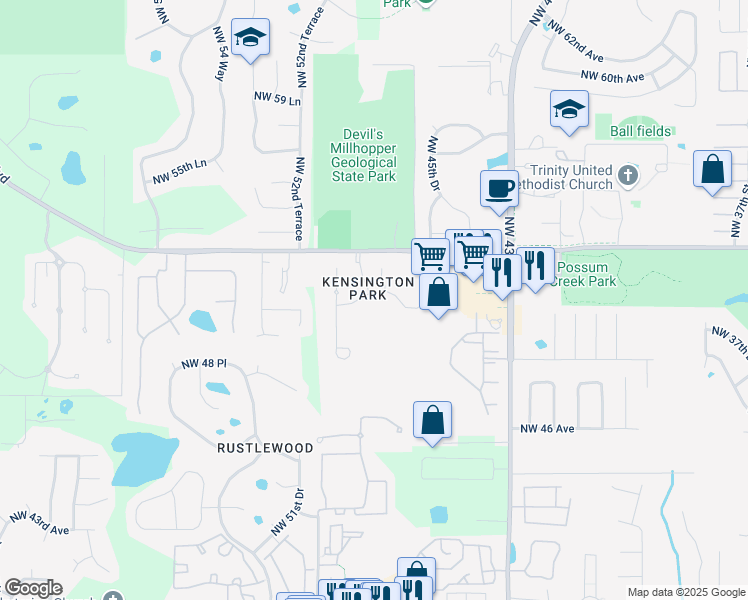 map of restaurants, bars, coffee shops, grocery stores, and more near 4921 Northwest 51st Place in Gainesville