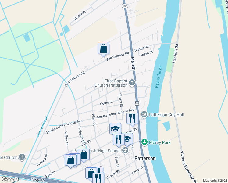 map of restaurants, bars, coffee shops, grocery stores, and more near 301 Cleveland Street in Patterson
