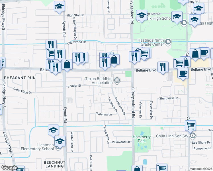map of restaurants, bars, coffee shops, grocery stores, and more near 12809 Westbranch Court in Houston