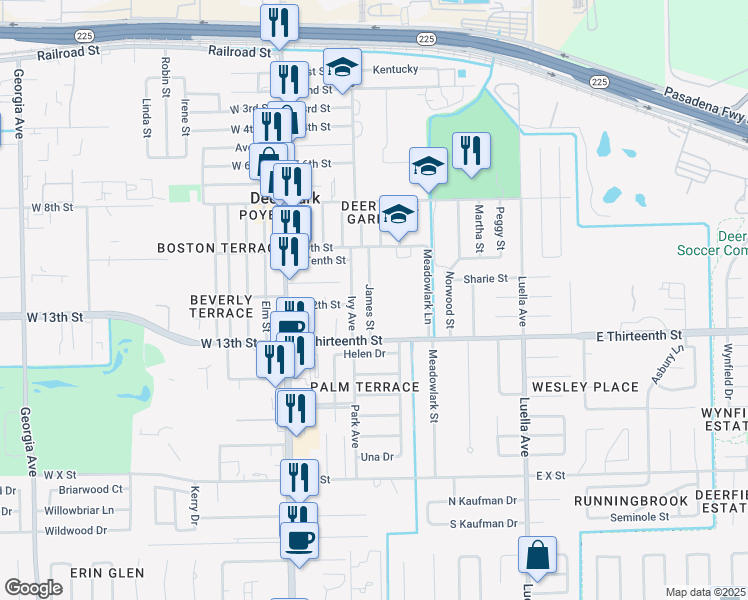 map of restaurants, bars, coffee shops, grocery stores, and more near 1123 James Street in Deer Park
