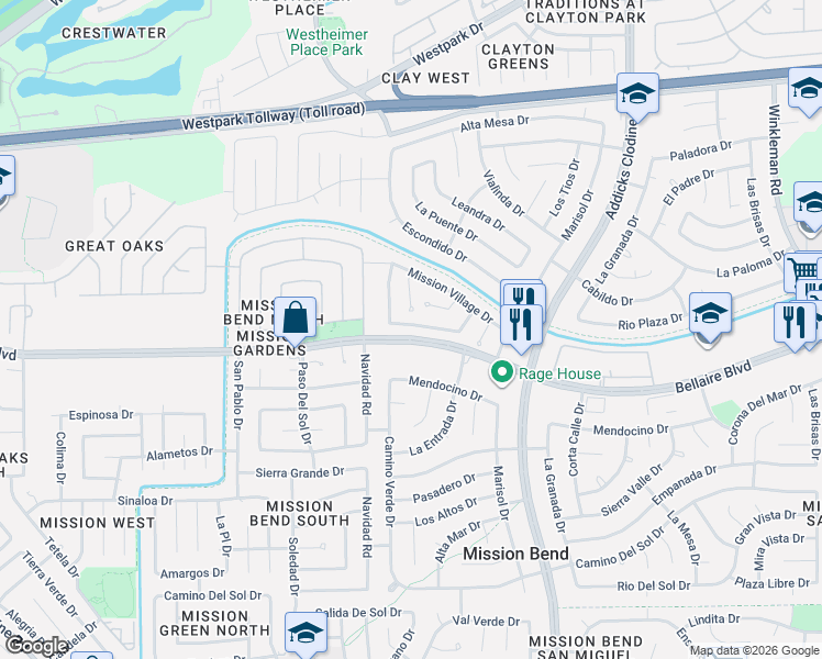 map of restaurants, bars, coffee shops, grocery stores, and more near 16035 Vista Del Mar Drive in Houston