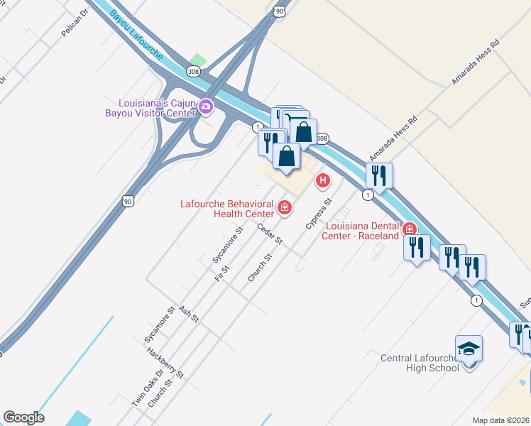 map of restaurants, bars, coffee shops, grocery stores, and more near 101-199 Fir Street in Raceland