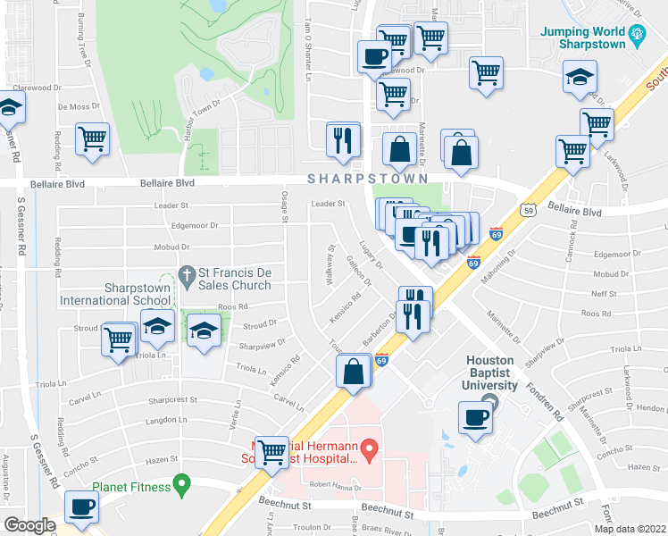 map of restaurants, bars, coffee shops, grocery stores, and more near 7127 Walkway Street in Houston