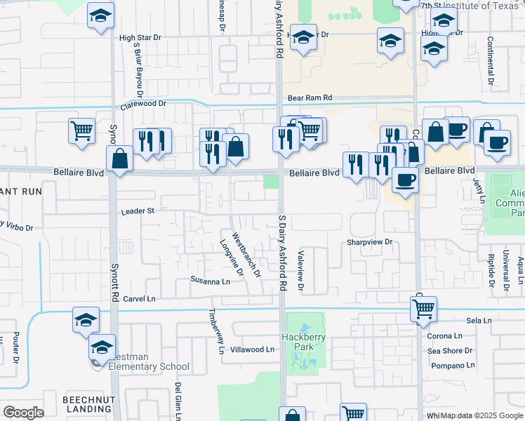map of restaurants, bars, coffee shops, grocery stores, and more near 12708 Leader Street in Houston