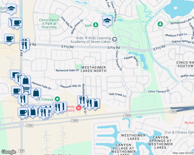 map of restaurants, bars, coffee shops, grocery stores, and more near 6311 Richland Hills Drive in Katy