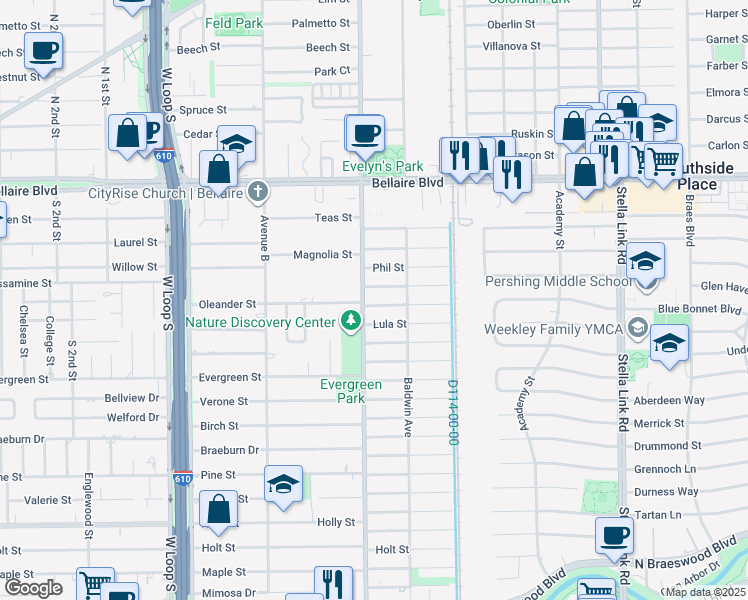 map of restaurants, bars, coffee shops, grocery stores, and more near 4440 Oleander Street in Bellaire