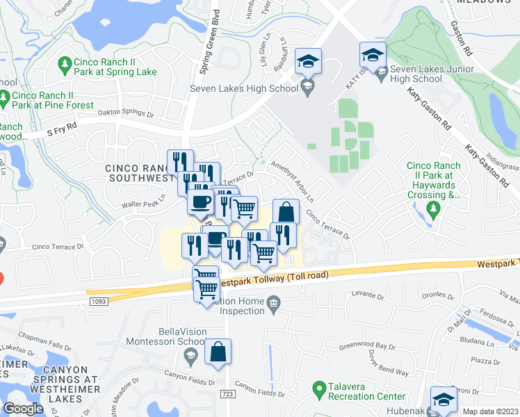 map of restaurants, bars, coffee shops, grocery stores, and more near 24807 Crystal Leaf Lane in Katy