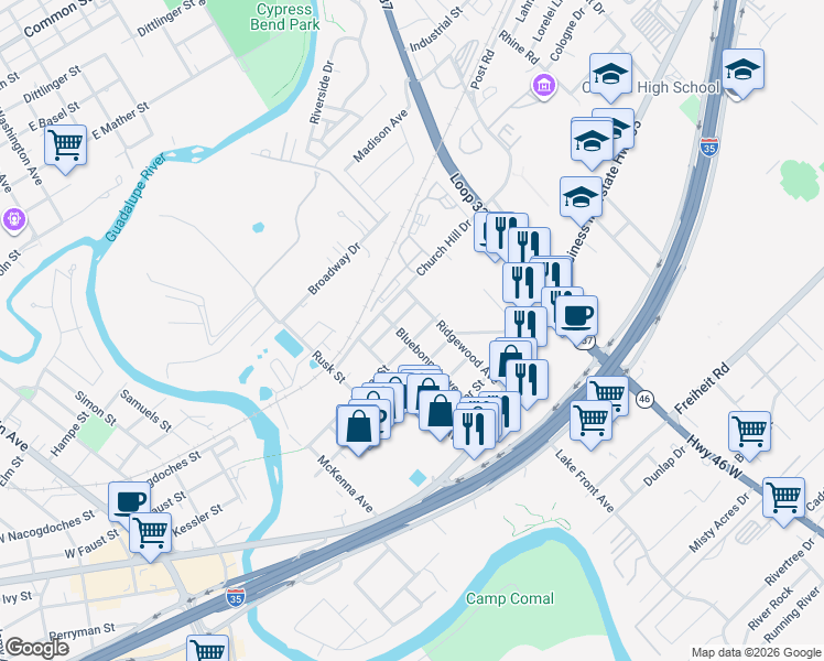 map of restaurants, bars, coffee shops, grocery stores, and more near 923 Porter Street in New Braunfels