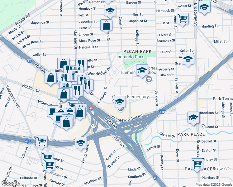map of restaurants, bars, coffee shops, grocery stores, and more near 7575 Plum Creek Drive in Houston