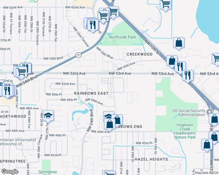 map of restaurants, bars, coffee shops, grocery stores, and more near 5114 Northwest 22nd Court in Gainesville