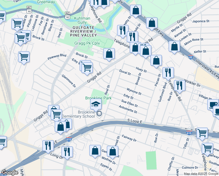 map of restaurants, bars, coffee shops, grocery stores, and more near 28 Real Street in Houston