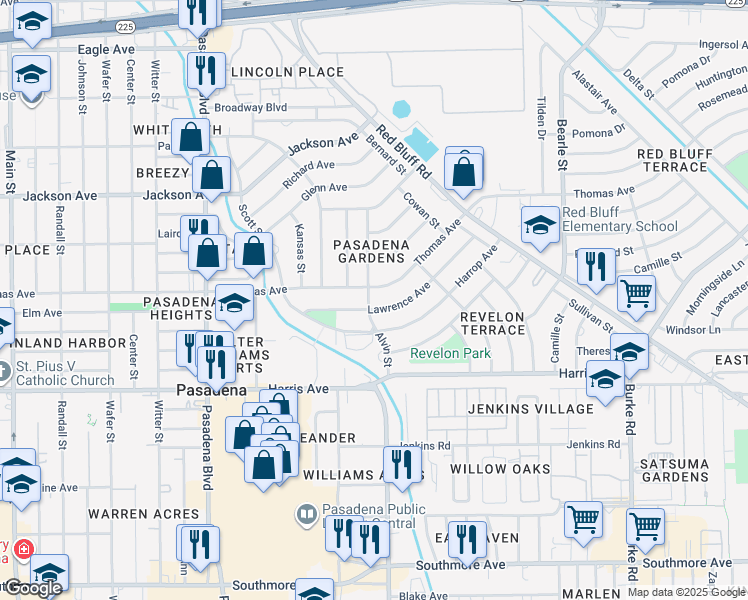 map of restaurants, bars, coffee shops, grocery stores, and more near 811 Alvin Street in Pasadena