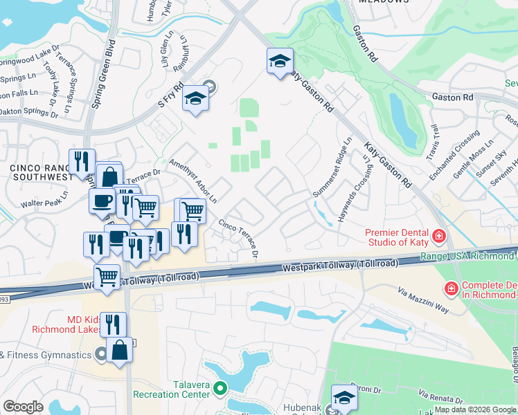 map of restaurants, bars, coffee shops, grocery stores, and more near 6201 Brookmall Drive in Katy