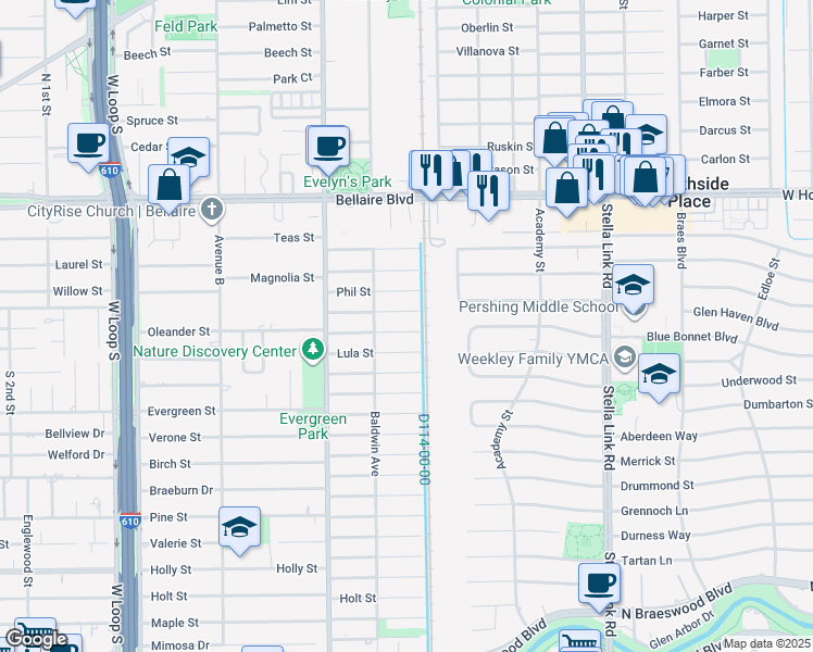 map of restaurants, bars, coffee shops, grocery stores, and more near 4312 Oleander Street in Bellaire