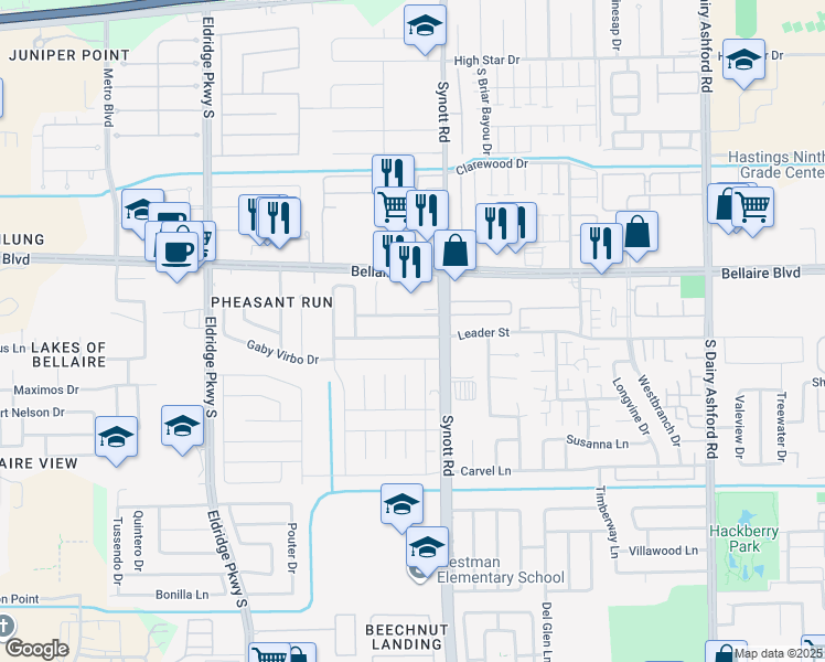 map of restaurants, bars, coffee shops, grocery stores, and more near 13226 Avonshire Drive in Houston