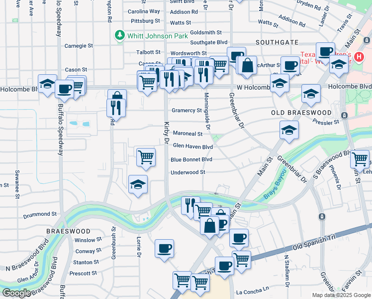 map of restaurants, bars, coffee shops, grocery stores, and more near 2503 Glen Haven Boulevard in Houston