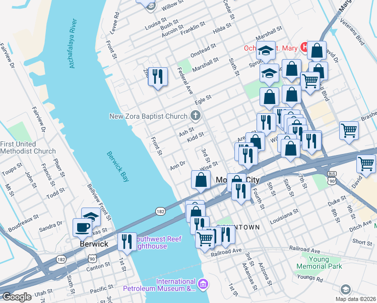 map of restaurants, bars, coffee shops, grocery stores, and more near 1017-1099 3rd Street in Morgan City