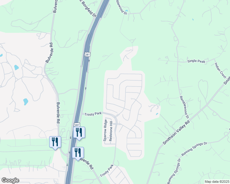 map of restaurants, bars, coffee shops, grocery stores, and more near 27022 Trinity Point in San Antonio