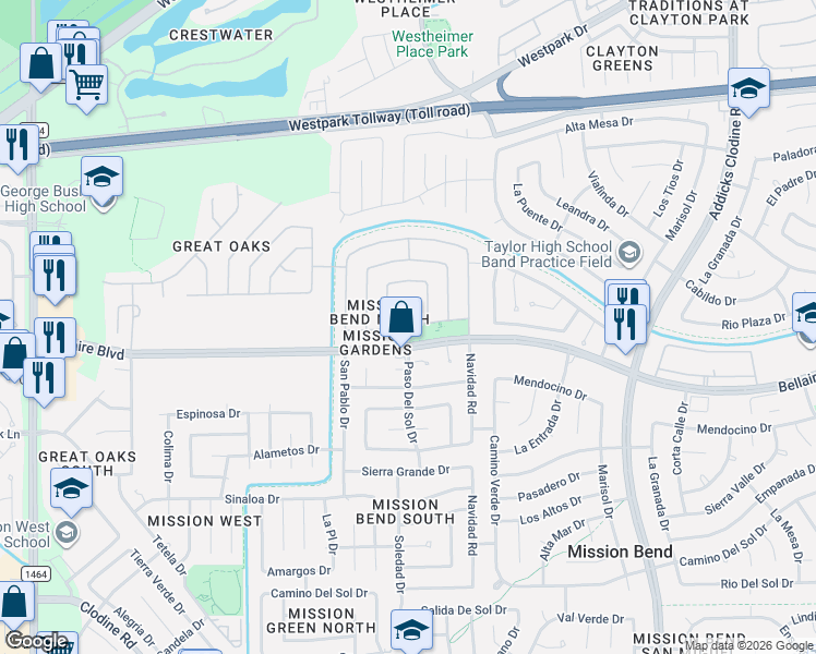 map of restaurants, bars, coffee shops, grocery stores, and more near 16298 San Dario Drive in Houston