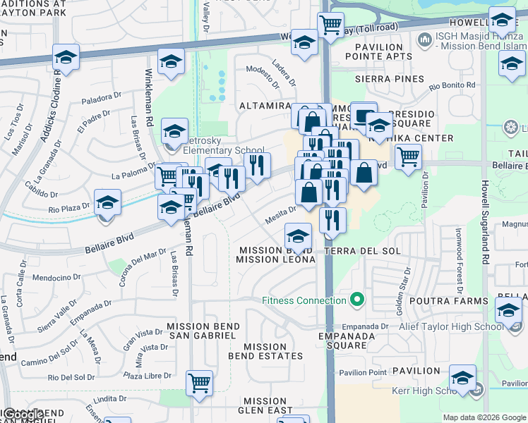 map of restaurants, bars, coffee shops, grocery stores, and more near 14819 El Grande Drive in Houston