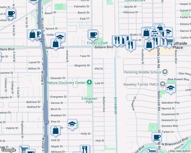 map of restaurants, bars, coffee shops, grocery stores, and more near 4440 Oleander Street in Bellaire