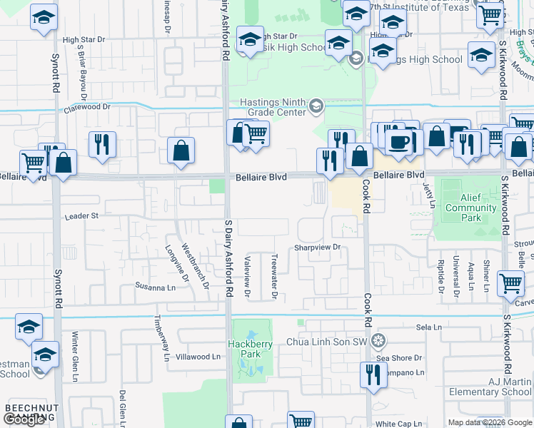 map of restaurants, bars, coffee shops, grocery stores, and more near 12510 Leader Street in Houston