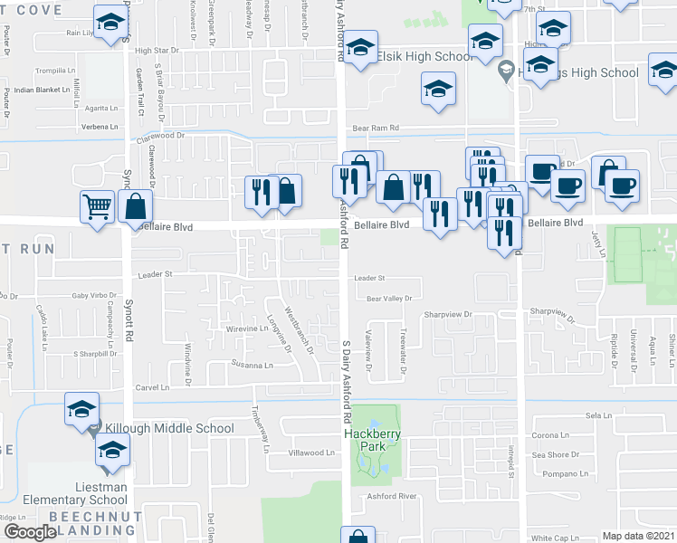 map of restaurants, bars, coffee shops, grocery stores, and more near 12550 Leader Street in Houston