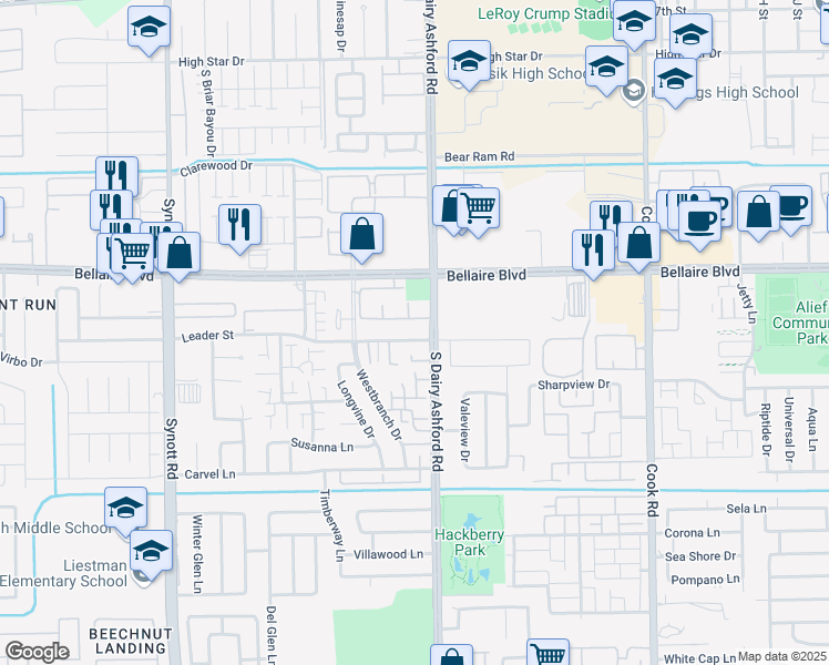 map of restaurants, bars, coffee shops, grocery stores, and more near 12708 Leader Street in Houston