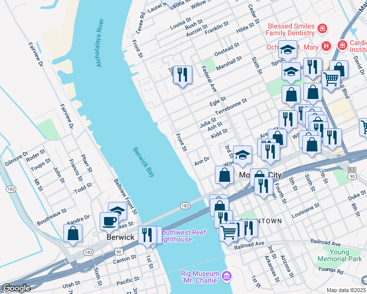 map of restaurants, bars, coffee shops, grocery stores, and more near 1119 Front Street in Morgan City