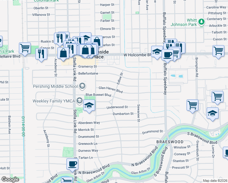 map of restaurants, bars, coffee shops, grocery stores, and more near 3703 Glen Haven Boulevard in Houston