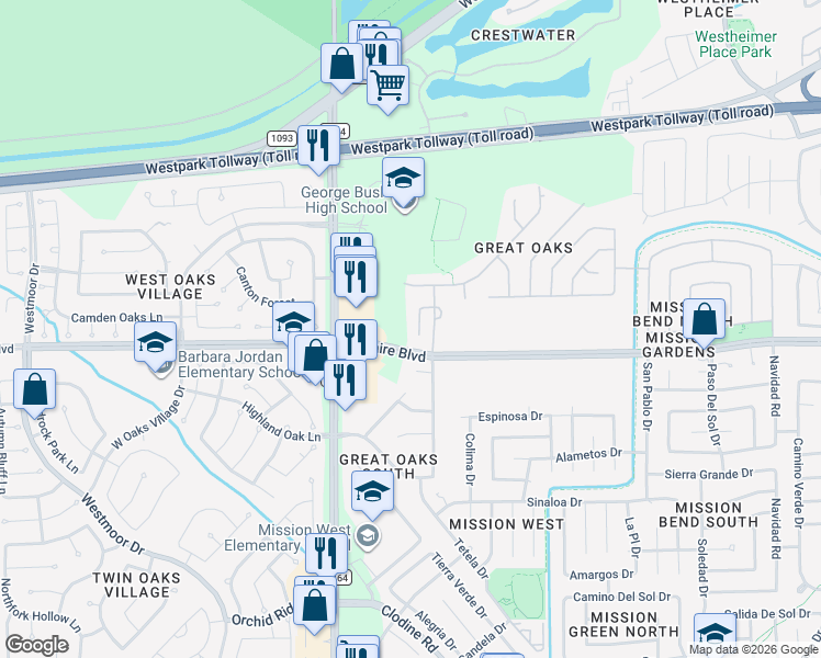 map of restaurants, bars, coffee shops, grocery stores, and more near 16938 Hampton Glen Court in Houston