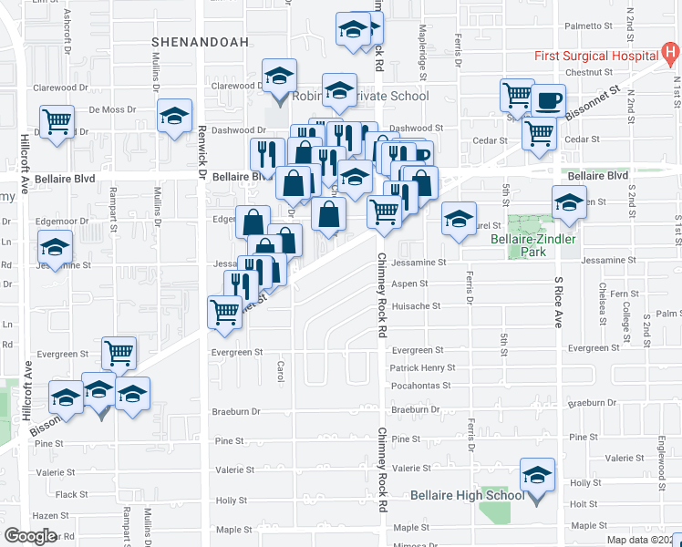 map of restaurants, bars, coffee shops, grocery stores, and more near 5518 Jessamine Street in Houston