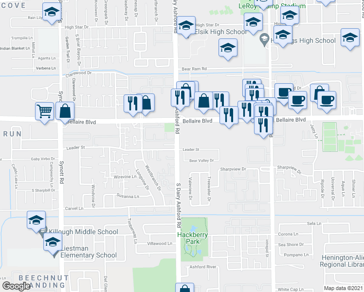 map of restaurants, bars, coffee shops, grocery stores, and more near 12550 Leader St in Houston