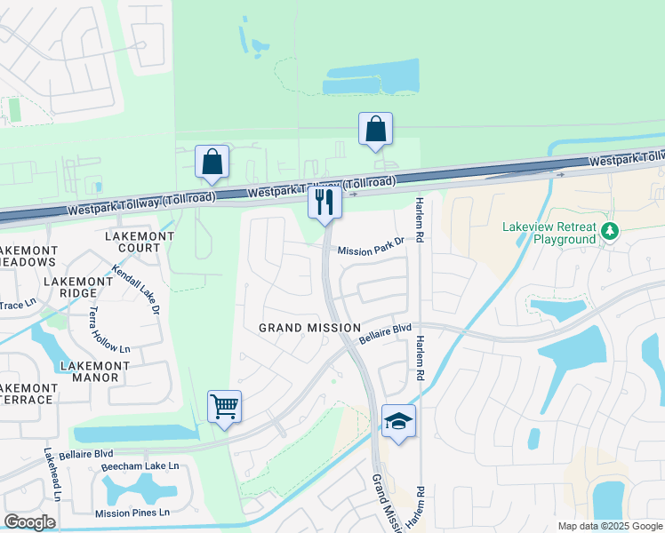 map of restaurants, bars, coffee shops, grocery stores, and more near 19211 Spring Orchard Court in Richmond