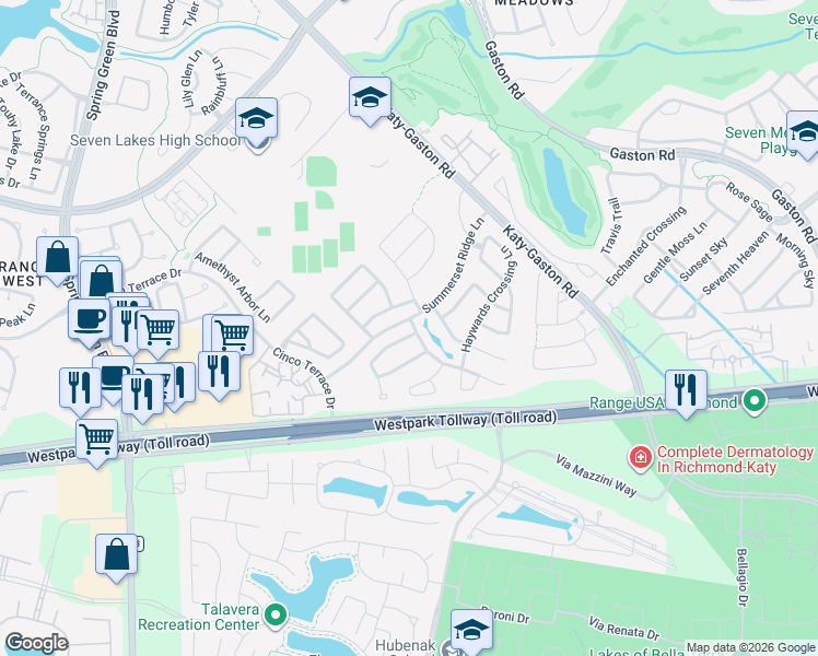 map of restaurants, bars, coffee shops, grocery stores, and more near 24502 Carlton Springs Lane in Katy