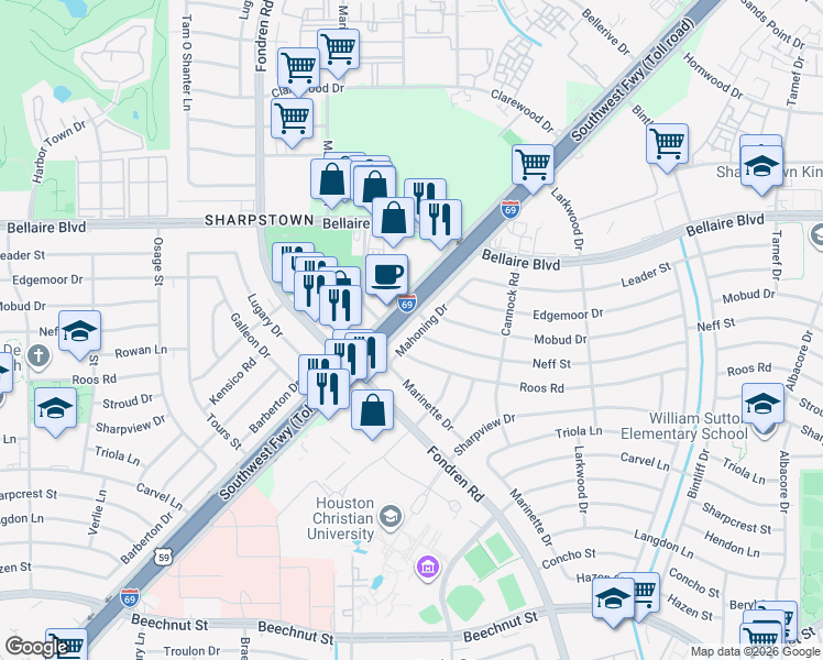 map of restaurants, bars, coffee shops, grocery stores, and more near 7210 Mahoning Drive in Houston