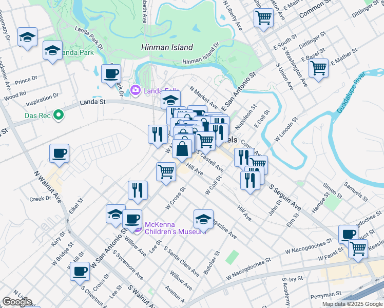 map of restaurants, bars, coffee shops, grocery stores, and more near 223 West San Antonio Street in New Braunfels
