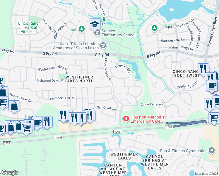 map of restaurants, bars, coffee shops, grocery stores, and more near 26035 Summer Savory Lane in Katy