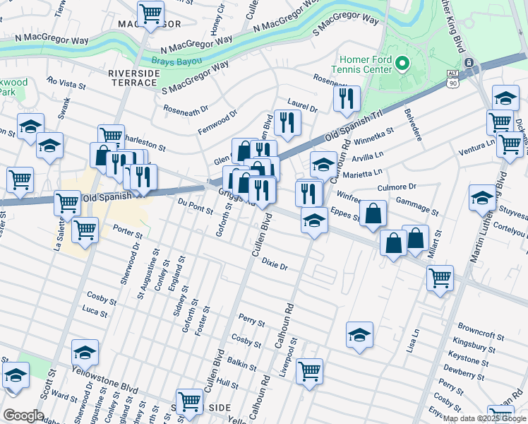 map of restaurants, bars, coffee shops, grocery stores, and more near 4438 Griggs Road in Houston