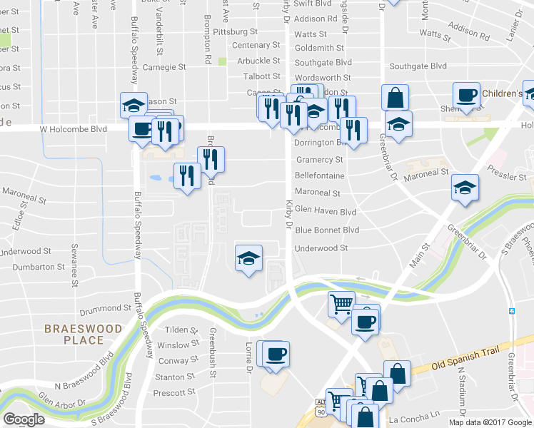 map of restaurants, bars, coffee shops, grocery stores, and more near 2728 E Glen Haven Blvd in Houston