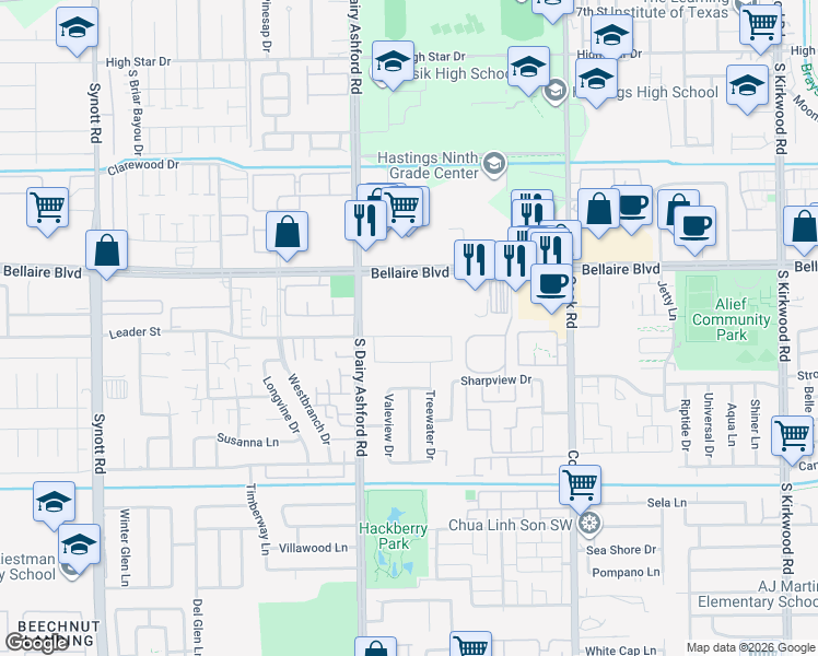 map of restaurants, bars, coffee shops, grocery stores, and more near 12510 Leader Street in Houston