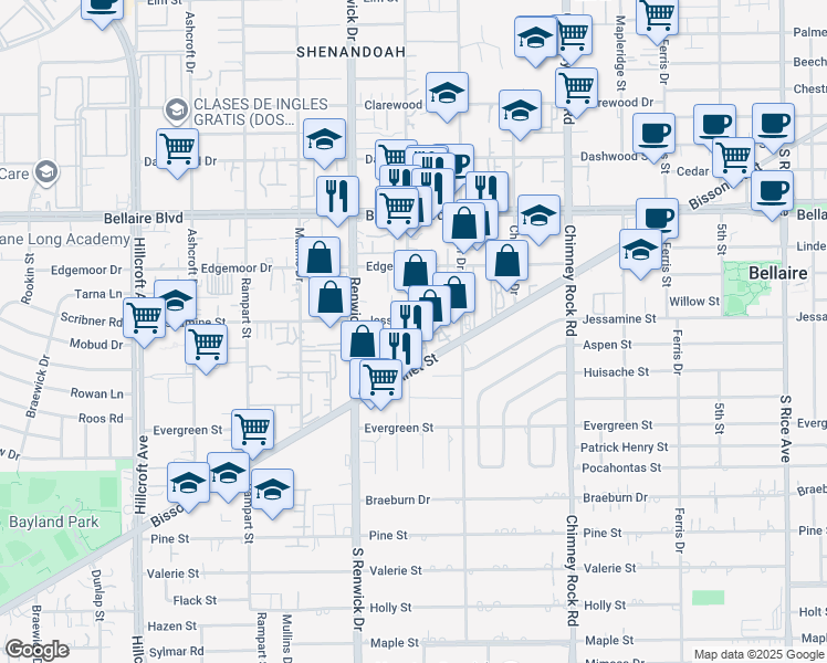 map of restaurants, bars, coffee shops, grocery stores, and more near 7211 Atwell Drive in Houston