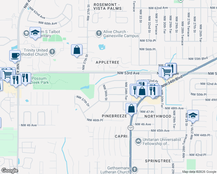 map of restaurants, bars, coffee shops, grocery stores, and more near 3536 Northwest 51 Avenue in Gainesville