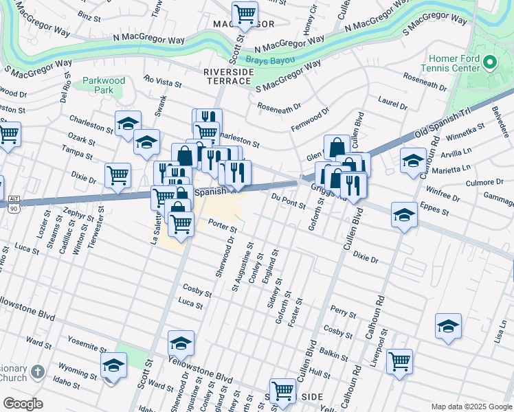 map of restaurants, bars, coffee shops, grocery stores, and more near 5914 Saint Augustine Street in Houston