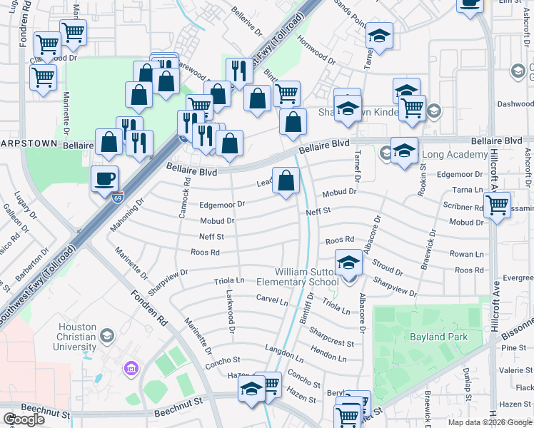 map of restaurants, bars, coffee shops, grocery stores, and more near 7008 Mobud Drive in Houston