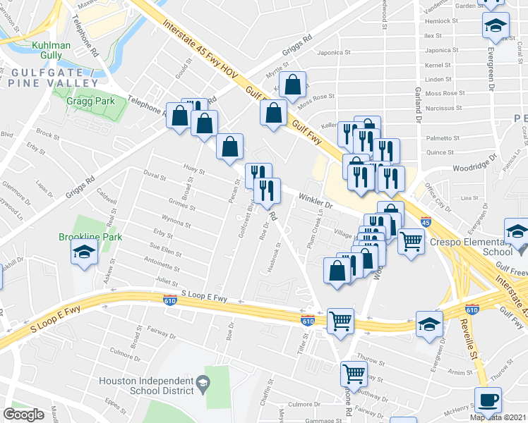 map of restaurants, bars, coffee shops, grocery stores, and more near 4320 Telephone Road in Houston