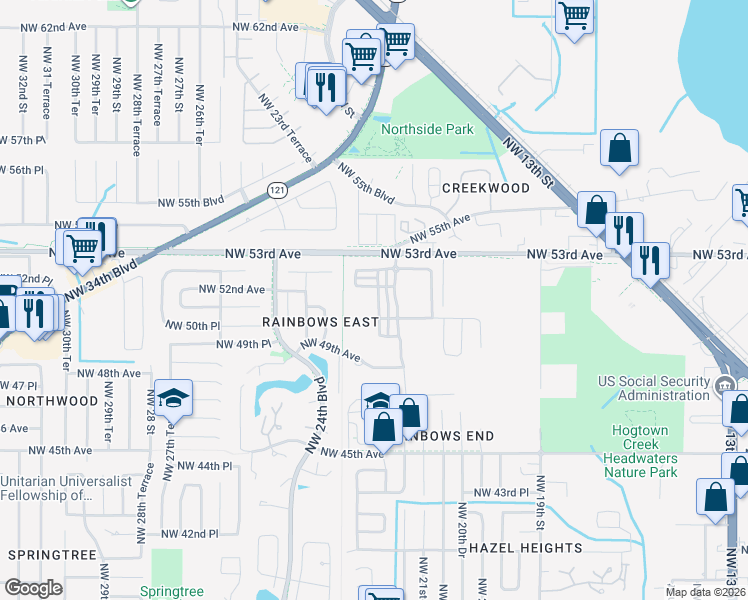 map of restaurants, bars, coffee shops, grocery stores, and more near 5114 Northwest 22nd Street in Gainesville