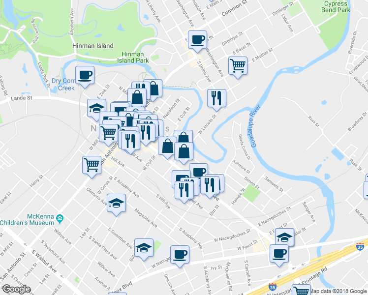 map of restaurants, bars, coffee shops, grocery stores, and more near 393 Comal Avenue in New Braunfels