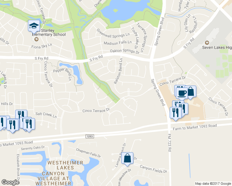map of restaurants, bars, coffee shops, grocery stores, and more near 9615 Ralson Bend Lane in Katy